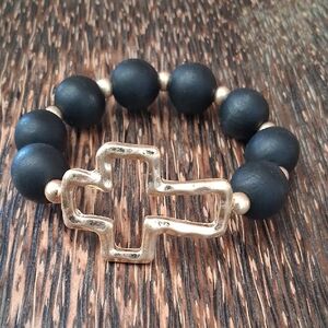 Matte Black Beaded Bracelet with Gold Cross Accent